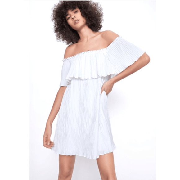 Zara Ruffled Pleated Sleeveless Short Voluminous Dress White Size M - Picture 14 of 15